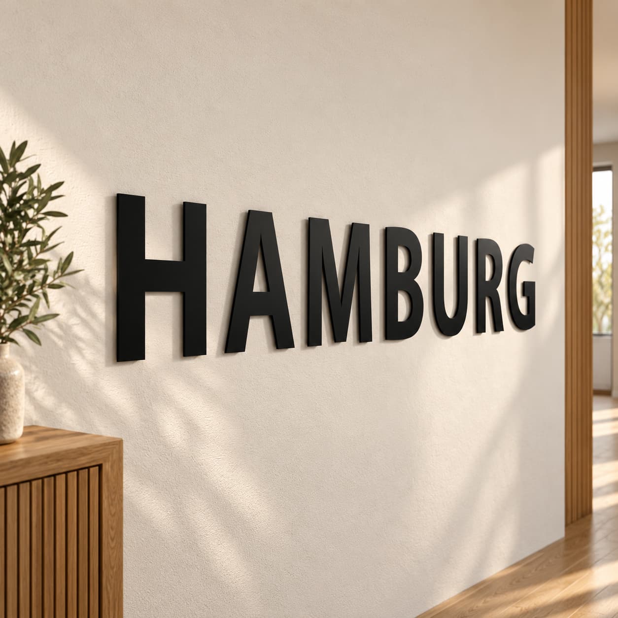 Schwarzer dreidimensionaler Schriftzug HAMBURG an einer hellen Wand